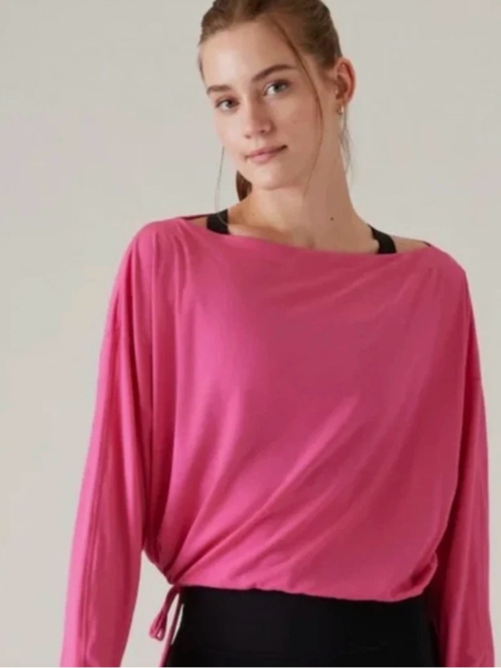 Athleta Cool Down Pink Top Off Shoulder Pullover Long Sleeve Cinched Waist M